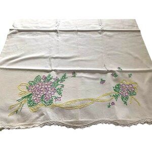 Hand Embroidered Floral Ribbon Pillowcase Set Crochet Lace Edge 2pc 30"x20" Vtg